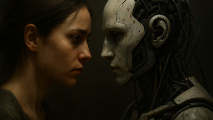 A haunting face-off between humanity and machine—where identity, emotion, and control hang silently in the balance