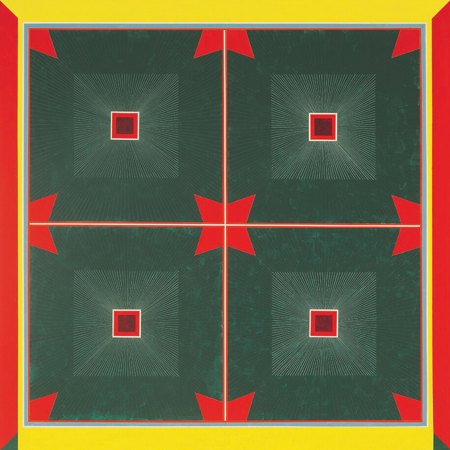 Mary Judge, Diadema Red and Green, 2014, flashe, graphite, and white charcoal pencil line on
linen mounted on board, 48 x 48 inches