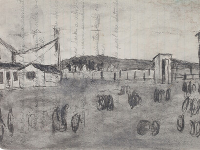 James Castle, Untitled (Farmscape) n.d.
Found paper, soot, 20 x 27.94 cm, Courtesy of the James Castle Collection and Archive and Frith Street Gallery, London 

