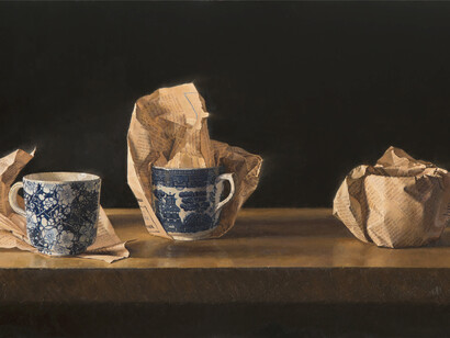 Benjamin Hope, Teacups in the Financial Times, Oil on Canvas, 2012, 56 x 26 cm