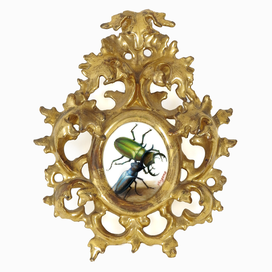Laws of Attraction IV, 2014, Oil on porcelain with 18th century hand-carved gold leaf frame, 7 x 6 inches; 
17.8 x 15.24 cm, Signed LR