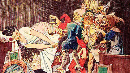 Snow White slumbers upon the bed, while the Seven Dwarfs patiently await her awakening