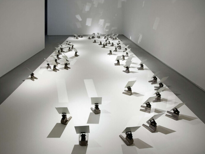 Random International, Audience, 2008, Mirror, metal cast bases, motors, custom motion tracking software, camera, computer, Dimensions variable, Edition of 8  