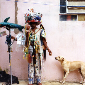Photo by Dimitri Ganzelevich, Raimundo Borges Falcão (dates unknown) in his carnival disguise at Carnival Fantasia “Blue Shark”, Near Salvador, Bahia, Brazil, 2000, Color photograph, 7 x 5", Courtesy Beate Echols