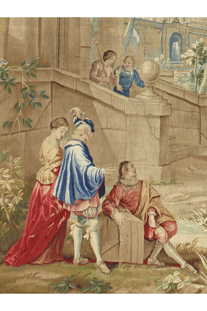 Workshop of Peter van den Hecke (Flemish, 1680−1752) after Philippe de Hondt (Flemish, 1683−1741) Sancho Departs for the Island of Barataria (detail), 1730−45 (before 1748), Wool and silk, 10 feet 4 inches x 19 feet 5 inches, The Frick Collection, New York (1965.10.21). Photo: Michael Bodycomb
