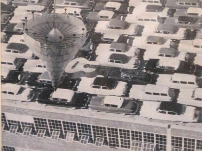 Jess, detail of Untitled (Cars on Rooftop), illustration for Caesar's Gate (Moving in your sights), 1955, collage, 8.5x6.25 inches, Courtesy Tibor de Nagy Gallery, NY