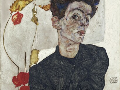 Egon Schiele (1890-1918), „Selbstbildnis mit Lampionfrüchten“, 1912, Öl auf Holz, 32,2 x 39,8 cm, Leopold Museum, Wien, © Leopold Museum, Wien / M. Thumberger