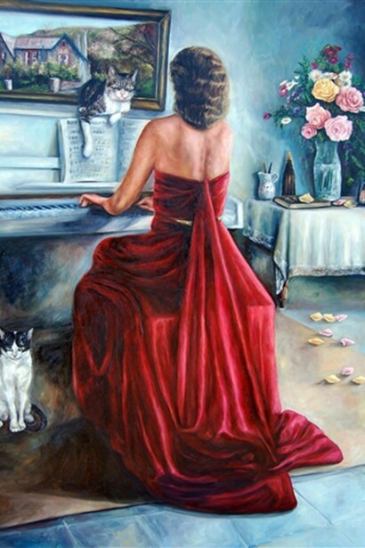 Horacia Leal, Misteriosa Mujer de Rojo, Oil on Canvas, 64" x 51"