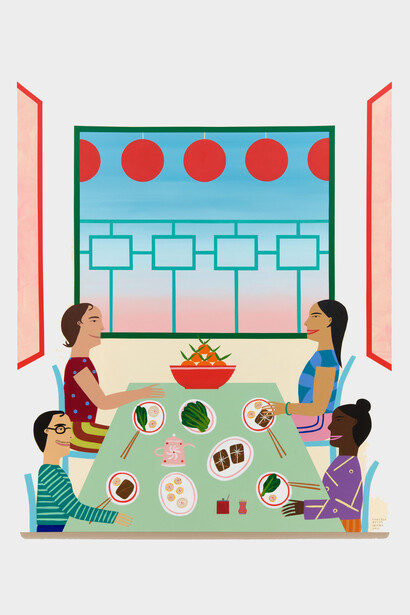 Chelsea Ryoko Wong, Above, What You Cant See in the Sky in the Privacy of Home, We Have Company, Entertaining Distinguished Guests, 2023. Acrylic on canvas, 72 x 60 inches / 182.9 x 152.4 cm. Courtesy of Jessica Silverman Gallery