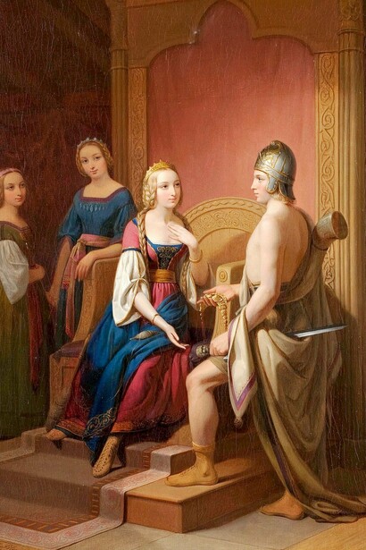 "Freya and Heimdall" (1846) por Nils Blommér. Freyja aparece diante de Heimdall em uma representação de Nils Blommér ligada ao episódio do *Brísingamen*. A imagem aproxima duas figuras da mitologia nórdica e reforça a dimensão simbólica da deusa, cuja trajetória reúne magia, desejo, autoridade e transformação