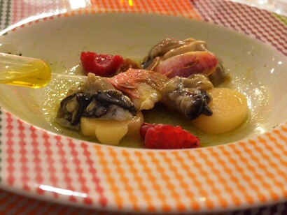 Jelly mullet soup with leeks and spinach served with oysters, truffles and raspberries flavoured with star anise” , by the Croatian chef Damir Modrušan