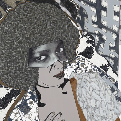 Mickalene Thomas, Good Luck, 2014, Strass, acrylique, huile et email sur panneau de bois, 213,36 x 152,4 cm (84 x 60 in.), Courtesy Galerie Nathalie Obadia, Paris/Bruxelles  