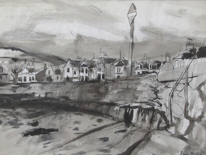 David McClure, Shore and Houses, Millport, 1956, pen & wash, 38 x 55 cm