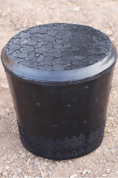 Sara Ouhaddou, Stool created with recycled rubberized cloth and silk embroidery