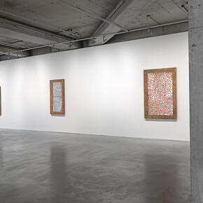 Five icons framed in edirne-style wooden ornamentation, exhibition view. Courtesy of Dirimart