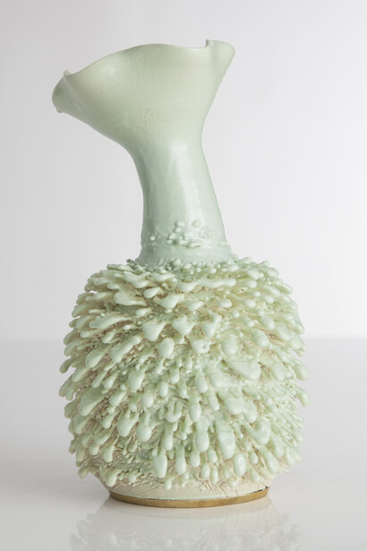 Unique, hand-thrown Father Accretion vase with porcelain slip in CHG 15.01 glaze. Designed and made by the Haas Brothers, Los Angeles, CA, 2014. 7" H x 3.75" D / 17.8cm H x 9.5cm D. Photograph by Joe Kramm/R & Company