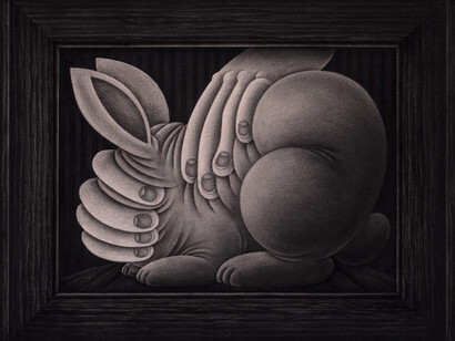 Angela Fang Zirbes, Posed rabbit (in frame), 2025. Courtesy of Hashimoto Contemporary
