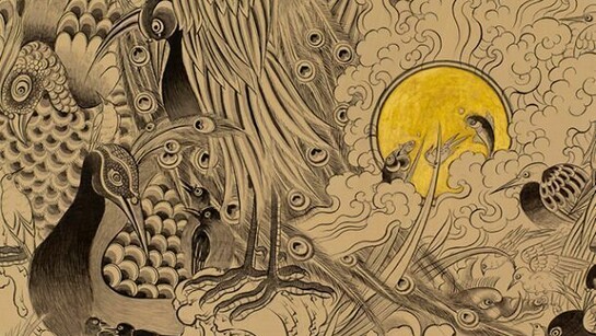 Pema Rinzin, Auspicious Dream 2, 2013, Sumi ink, gold, stone pigment on wood, 36 x 96 inches. Images courtesy of Joshua Liner Gallery