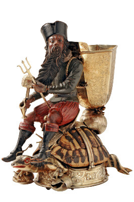 Drinking Automat With Neptune as Wine Grower Riding on a Turtle, Leodegar Grimaldo 1626, Schrondorf near Stuttgartwood, painted, gilt silver, iron deck22,8 x 10,4 x 20 cm