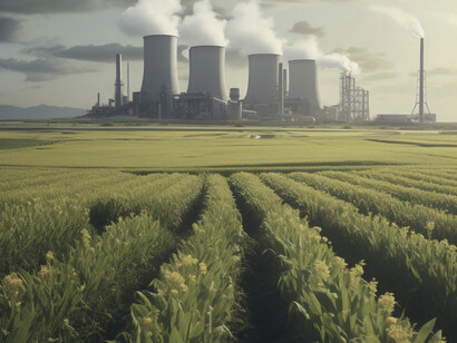 A rendition of a nuclear power plant besides a large plantation