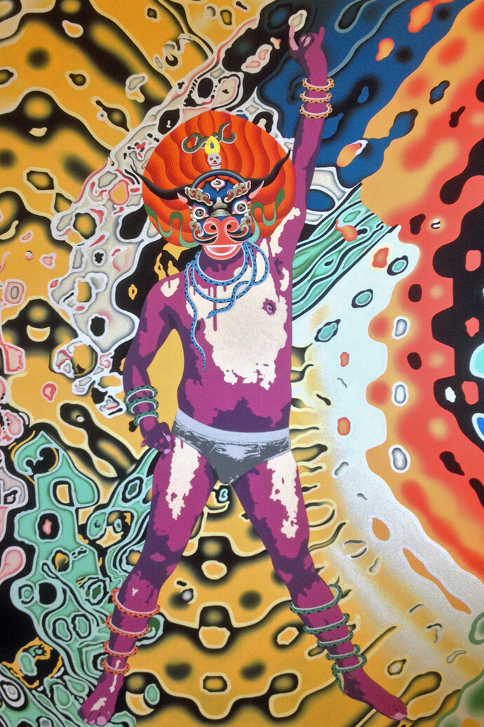 Tsherin Sherpa, Neo Conqueror (Magenta), 2014, Gold leaf, acrylic and ink on cotton, 124 x 98.5 cm (48 ¾ x 38 ¾ in)