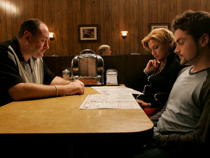 Image from the tv series "The Sopranos"; from left the characters: Tony, Carmela and A.J. Soprano