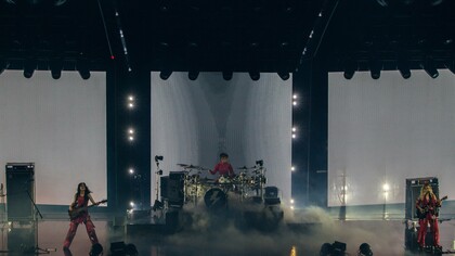 The Warning live during their 2025 Keep Me Fed world tour in Mexico. From left: Alejandra Villarreal, Paulina Villarreal, and Daniela Villarreal © Photo by Bill Dahl
