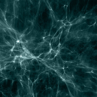 Simulación de la estructura del universo en la que los filamentos representan la materia oscura y los puntos de luz los sitios de formación de galaxias