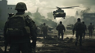 Soldiers walking through mud and ruins as a helicopter hovers above, representing the human toll within technologically driven conflict