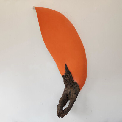 Stephen Bethel, Fire Carrier, 2022, Wood, plaster, and pigment, 60h x 32w x 8d in. Courtesy of the artist and Anita Rogers Gallery