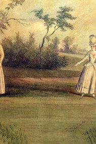 Cricket match painted by Elizabeth, Lady Tanfield, featuring the Countess of Derby and other ladies, 1779