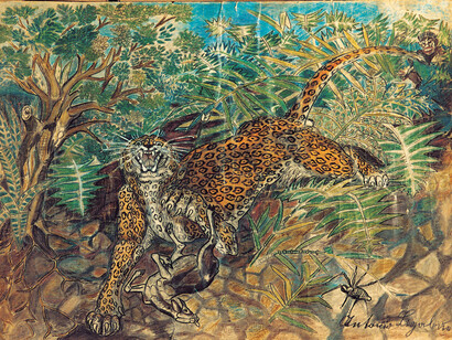 Antonio Ligabue, Leopardo con antiope e indigeno, pastello a cera, matita e china su carta, 1939-1952, 48 x 65,5 cm