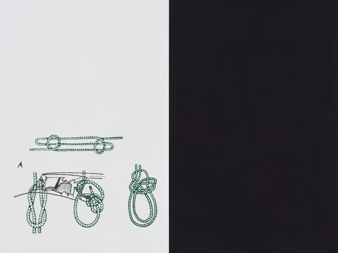 Oliver Osborne,
A (Car/Knots), 2014,
Silkscreen and acrylic on Linen,
220 x 280 cm,
86 5/8 x 110 1/4 ins,
courtesy Vilma Gold, London
