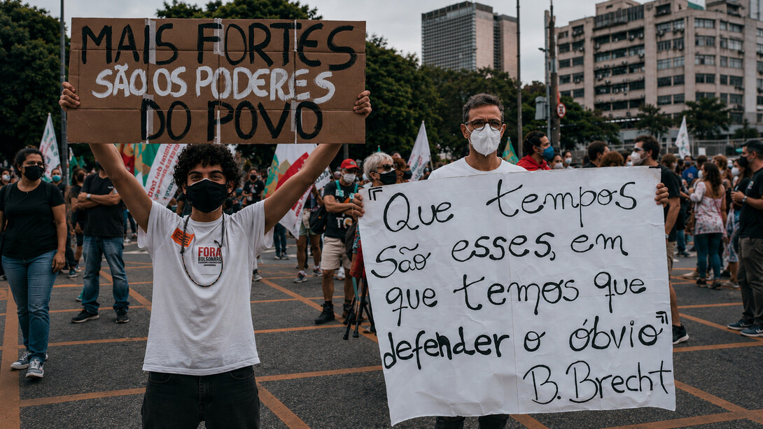 Protesto no Brasil reúne cidadãos com mensagens em defesa dos direitos democráticos e da ação coletiva. A frase "Mais fortes são os poderes do povo!" é um dos diálogos mais icônicos do cinema brasileiro, eternizada pelo cineasta Glauber Rocha. A icônica fala é o último grito do cangaceiro Corisco, interpretado por Othon Bastos, antes de morrer no clássico de 1964, "Deus e o Diabo na Terra do Sol". "Que tempos são estes, em que temos que defender o óbvio?" Essa profunda indagação reflete a frustração de ter que lutar por verdades básicas e consensos que deveriam ser evidentes. A frase é frequentemente atribuída ao dramaturgo e poeta alemão Bertolt Brecht. Defender o óbvio torna-se necessário em momentos de desinformação, polarização e retrocesso, onde valores essenciais de humanidade, ciência e ética precisam ser constantemente reafirmados. Para o autor do artigo, o fortalecimento da democracia tornou-se uma questão central num cenário marcado pela ascensão da extrema-direita