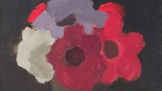 Kulicke, Red, Purple, Lavender and Light Blue Flowers in a Vase Against a Black Background (detail), 1961, oil on masonite mounted on cardboard, 9.9375x8inches