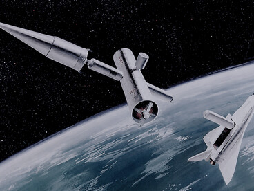 This 1971 artist’s concept depicts a Nuclear Shuttle and an early Space Shuttle docked with an Orbital Propellant Depot. Envisioned by planners at NASA’s Marshall Space Flight Center, the modular depot would be periodically supplied by the Space Shuttle or Earth-to-orbit fuel tankers, providing large quantities of propellant for orbital vehicles and future spacecraft operations