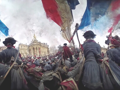 Recreación animada desde la perspectiva de un manifestante durante la Revolución francesa