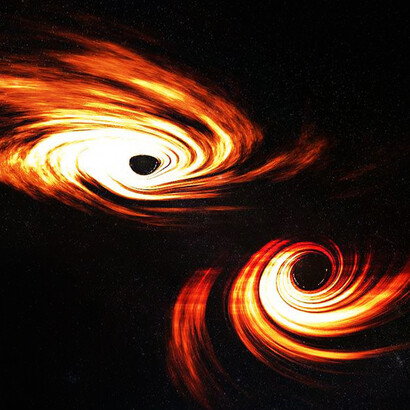 Representación gráfica de dos agujeros negros en colisión