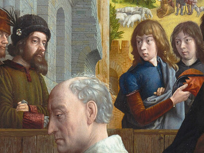 Die Anbetung der Könige, Hugo van der Goes, ca. 1470. Ausschnitt, Detail: Zwillingsbrüder