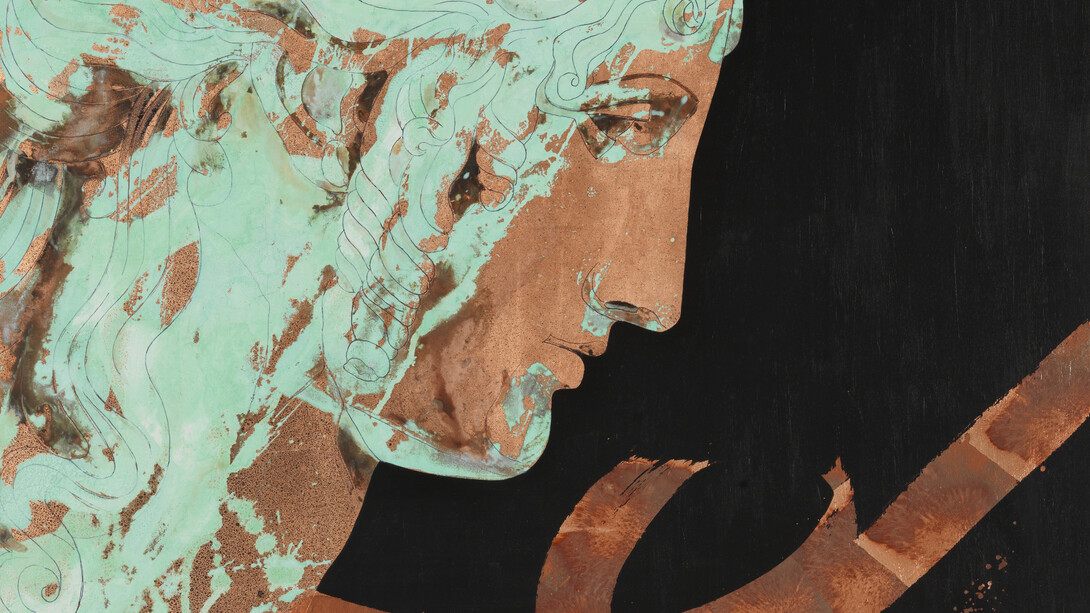 Marco Borgianni, da Antonio Canova, “Testa ideale di Elena”,
San Pietroburgo, Museo statale dell’Ermitage,
2014,
tecnica mista su tela con foglia di rame e ossidazione,
80 × 100 cm
