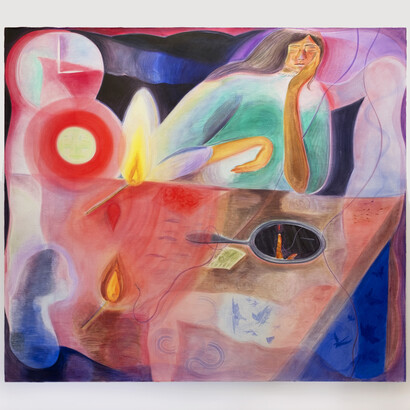 Anjuli Rathod, Knots, 2021, acrylic and flashe on canvas, 48x50 inches. Courtesy of Selenas Mountain