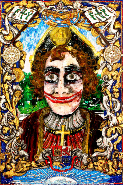 The Invader (Christopher Columbus – Italy), 2015
acrylic, gold leaf, mixed media with LCD screen and video. 24 x 16 inches