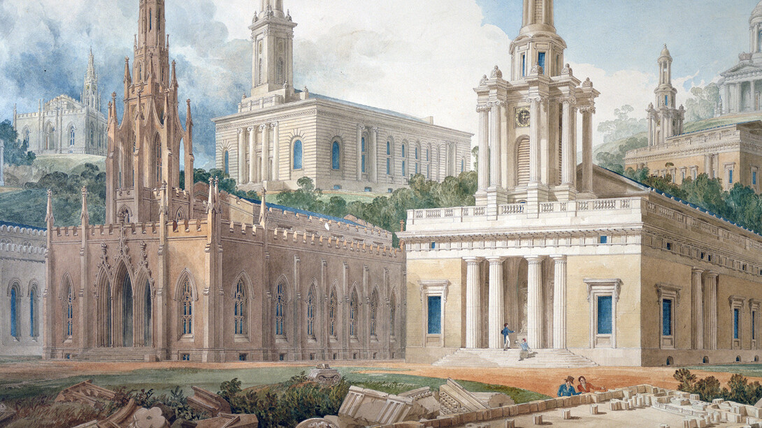 Joseph Michael Gandy, Perspective of eight designs for churches, with plan, 1834, Pencil, pen and ink and watercolour, 745 x 1320mm

