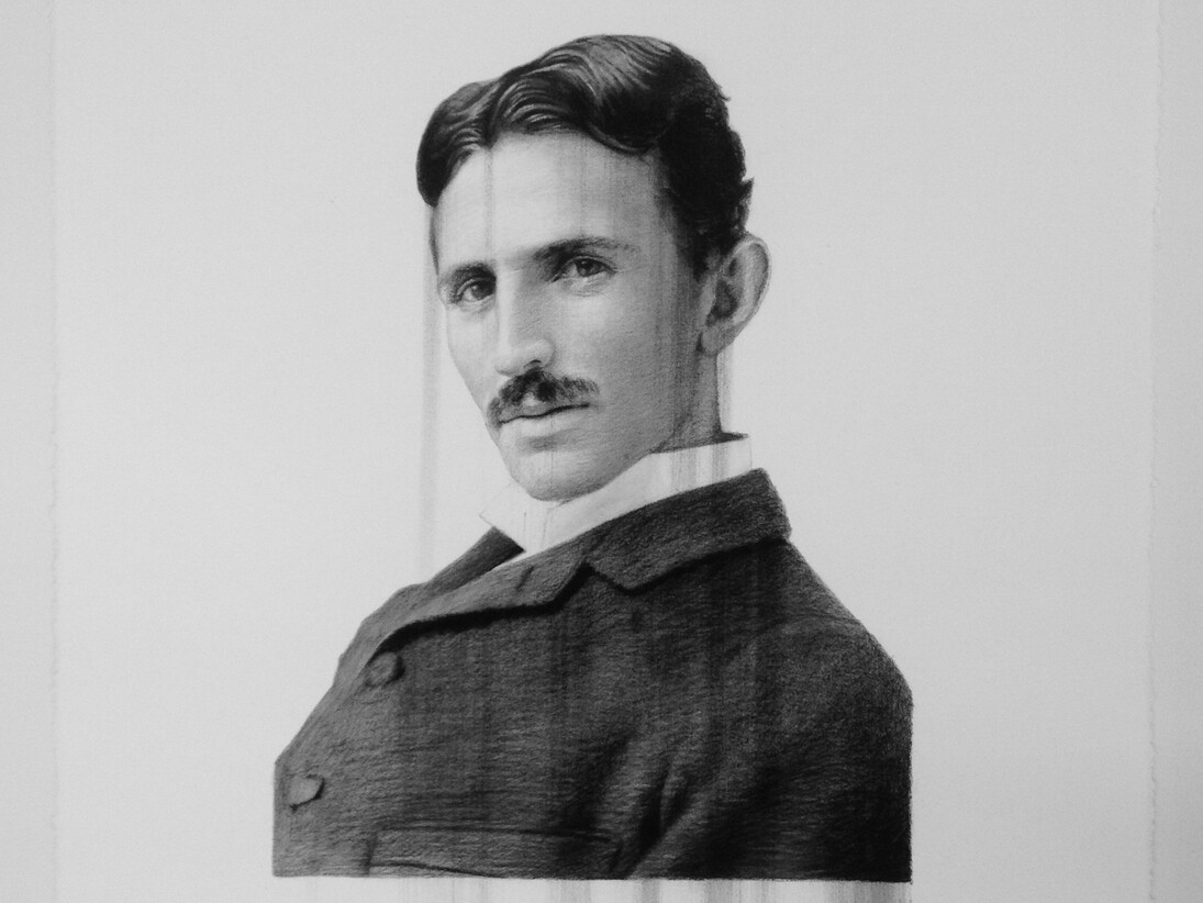 Paul Jacobsen, Nikola Tesla, 2015, Charcoal on paper in charred frame, 30 x 24 inches