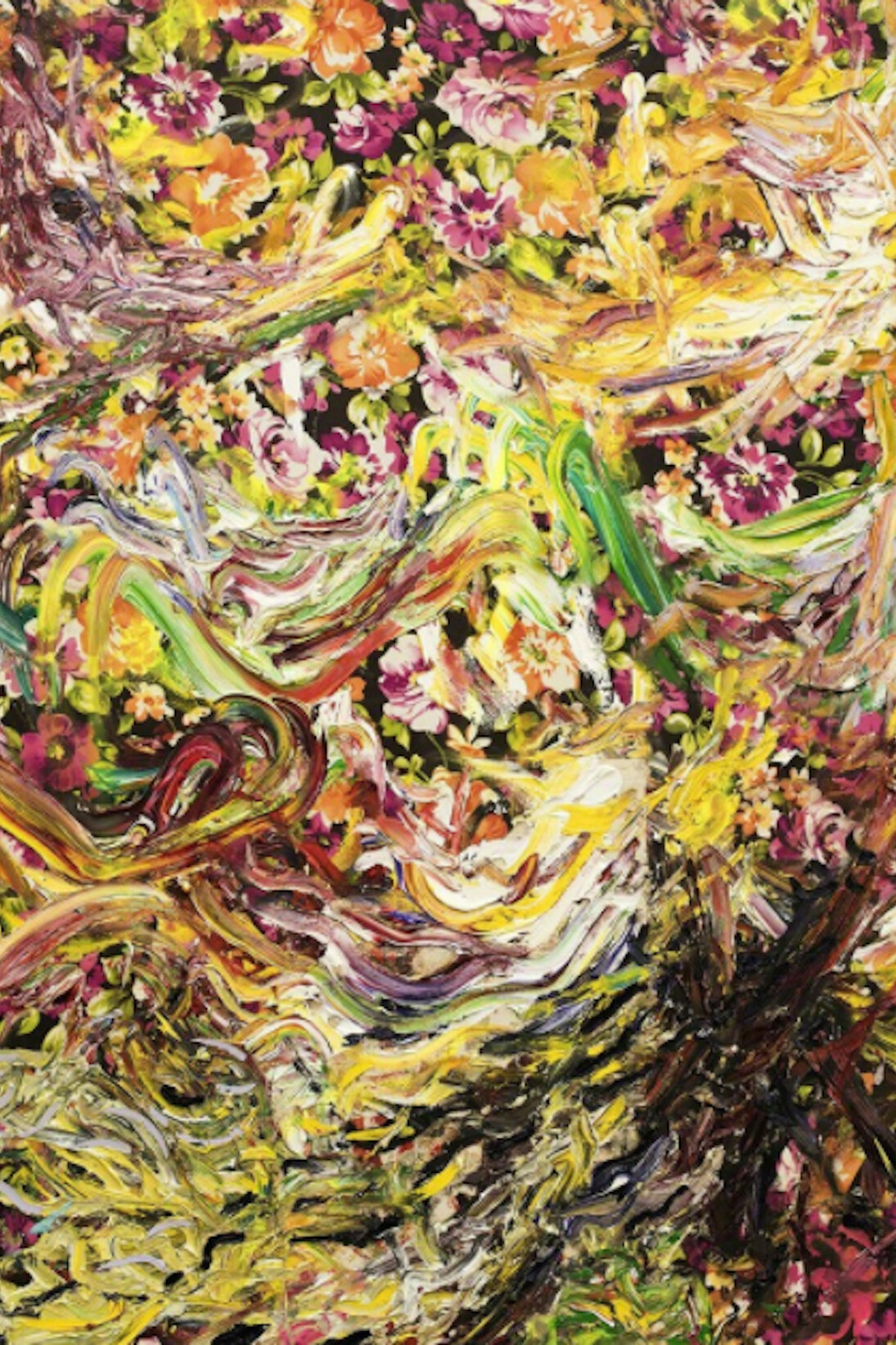 Sebastian Vallejo, Summer Garden, 2016, Oil, spray paint, and fabric on canvas, 42 x 34 inches. Courtesy of Godel & Co.