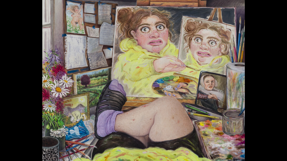 Rebecca Morgan, Self-Portrait Painting Myself Painting Myself, 2023, oil on canvas, 24x30 inches, photo by Etienne Frossard. Courtesy the artist and Asya Geisberg Gallery, NYC