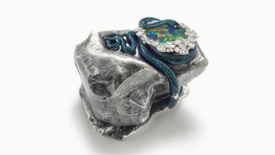 Victoire de Castellane, 2013, Lunae Lumen Holly Colorum, Yellow gold, opal, diamonds,
colored lacquer, 3 1/8 x 2 3/8 x 3 9/16 inches / 8 x 6 x 9 cm © Victoire de Castellane. Courtesy Gagosian Gallery, Photo Vito Flamminio