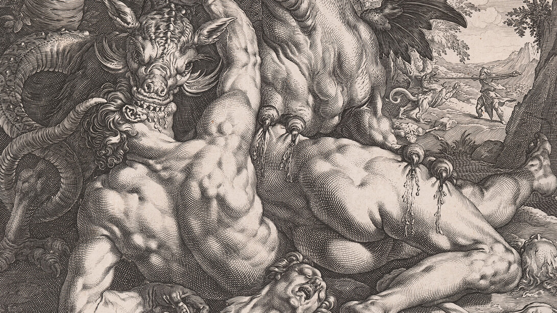 Hendrick Goltzius, Le Dragon dévorant les compagnons de Cadmos, 1588, gravure au burin sur papier vélin crème, 25,5 × 32 cm. Musée des beaux-arts du Canada, Ottawa. Acheté en 2019. Photo : MBAC