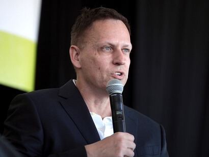 Peter Thiel speaks with attendees at the 2022 Converge Tech Summit, held at the Skybar at TPC Scottsdale during the Waste Management Phoenix Open in Scottsdale, Arizona, USA