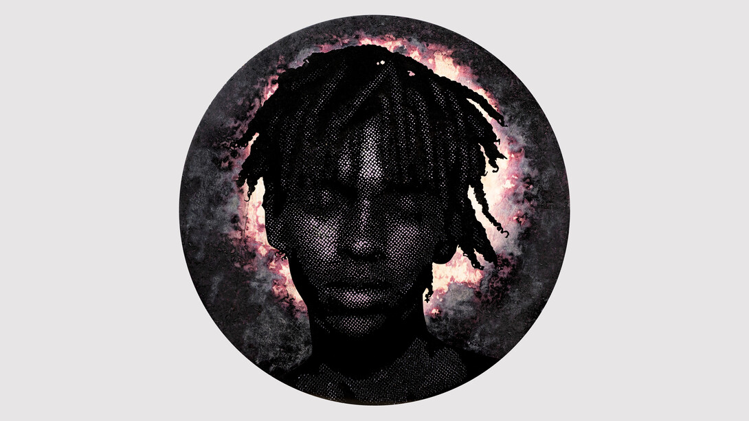 Alexis Peskine, Ebandeli, 2023, Purple Japanese oxidised silver, leaf, nails, black pigment and red hibiscus
on wood, 120 x 120 cm© Alexis Peskine. Courtesy of the Artist and October Gallery, London